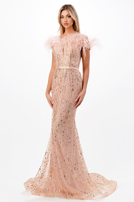 The Jenien Feather Off Shoulder Gown