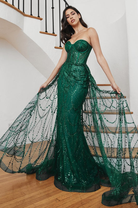 The Jaylani Glitter Fitted Strapless Overskirt Gown