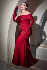 The Olivia Curve Fitted Stretch Satin Gown with Gloves